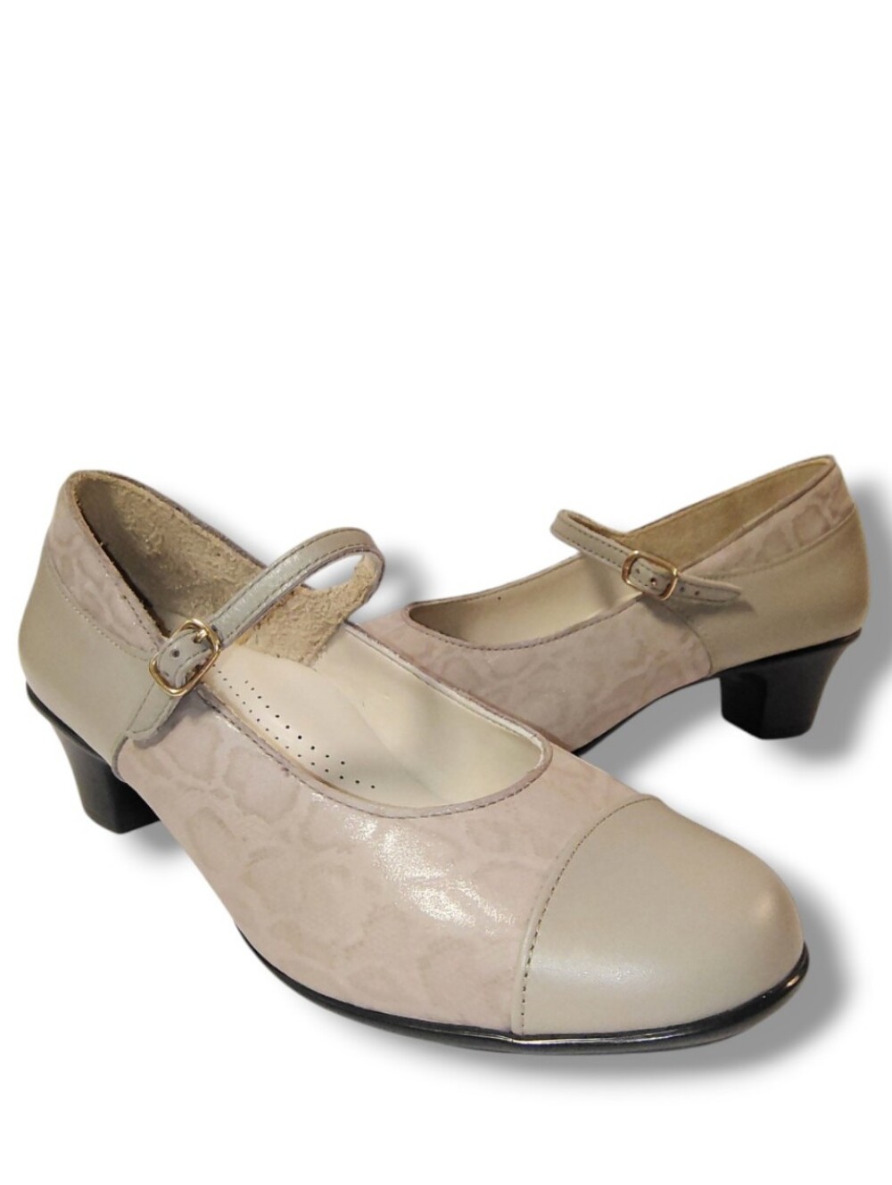 SAS Isabel Leather Block Heel Mary Jane Pumps Comfort Tripad Shoes Taupe Snake